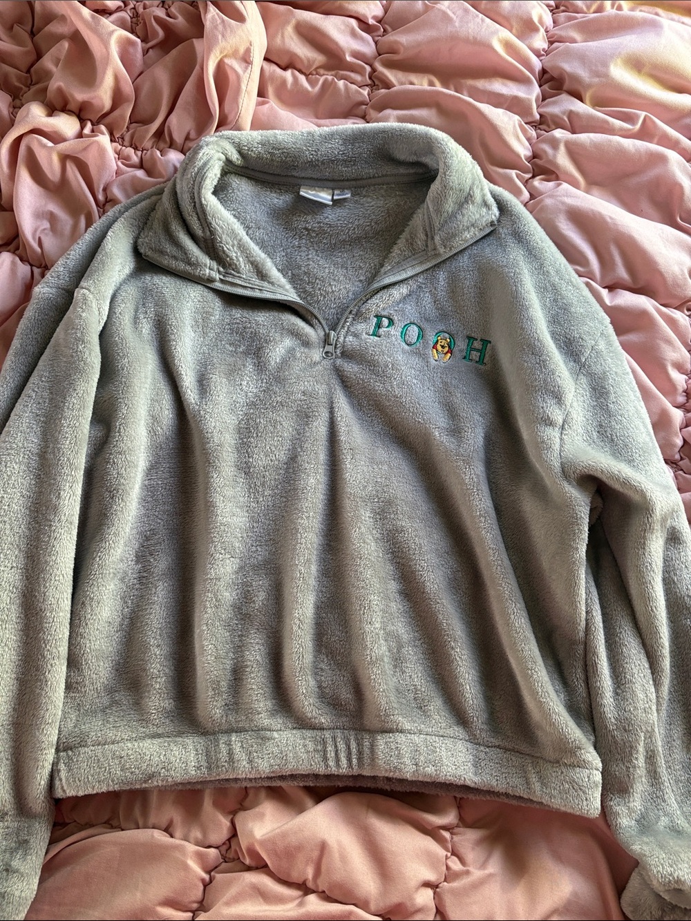 Disney Winnie The Pooh Embroidered Gray Fleece Quarter-Zip Pullover
